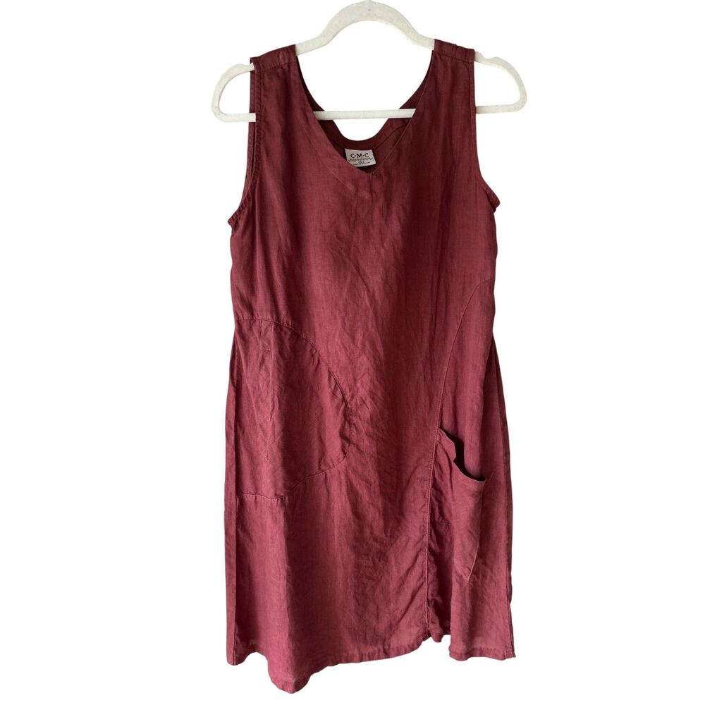 C.M.C. Color Me Cotton Linen Pocket Dress Small Burgundy Made in USA